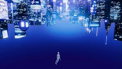 falling through a glowing city, animated in blender